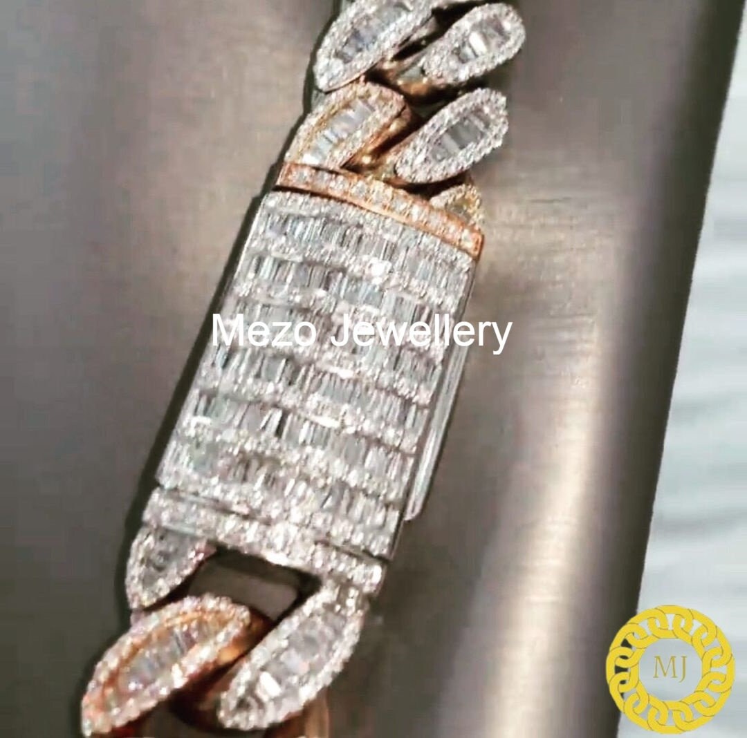 Heavy Solid 925 Sterling Silver Men's VVS1 Moissanite Diamonds Baguette Studded Cuban Chain,Icedout Rapper chain,22mm wide,Quality Box Clasp