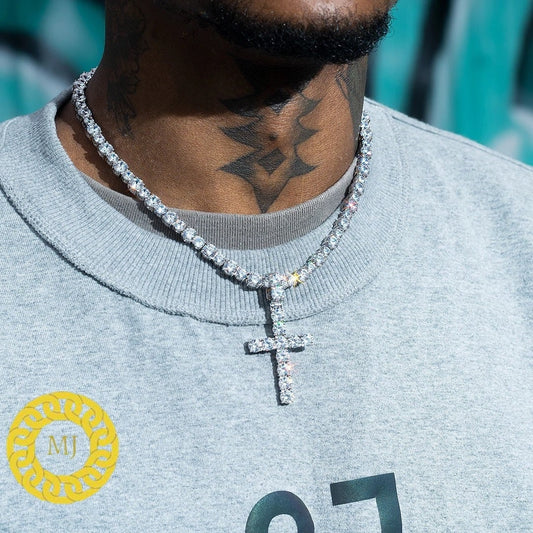 Men's Tennis Link Chain Necklace,Cross Necklace,925 Silver iced out Cross Necklace,Moissanite Diamond Cross Choker,ICY Necklace,Tennis Chain