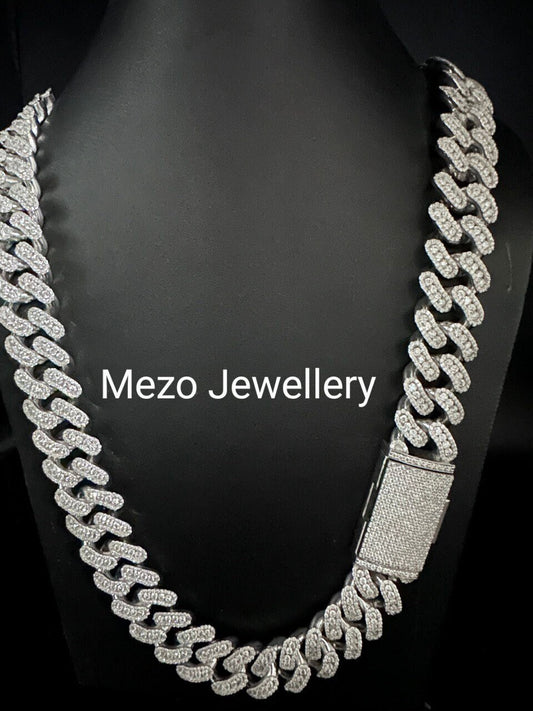 Heavy Solid 925 Sterling Silver Men's VVS1 Moissanite Diamonds Studded Cuban Chain,Icedout Rapper chains,18mm wide, Quality Box Clasp
