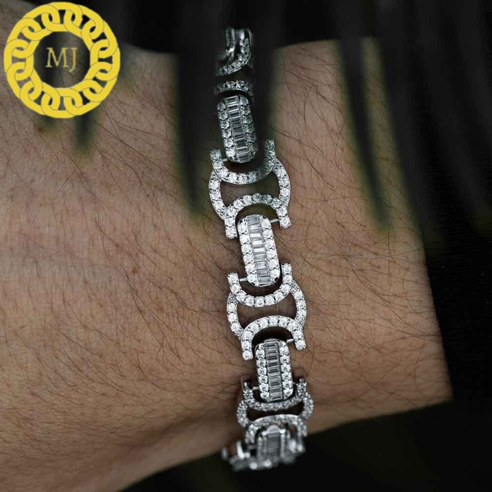 Heavy Solid 925 Sterling Silver | VVS1 Moissanite Diamonds Studded 15 mm flat Byzantine Bracelet | 18k Gold plated Iced Out Bracelet