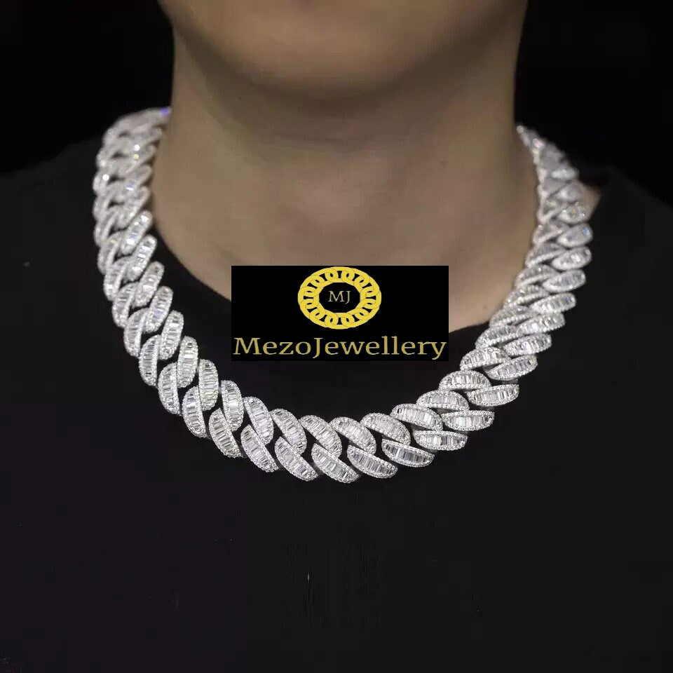 Heavy Solid 925 Sterling Silver Men's VVS1 Moissanite Baguette Studded Cuban Chain,Icedout Rapper chains,20mm wide, Quality Box Clasp