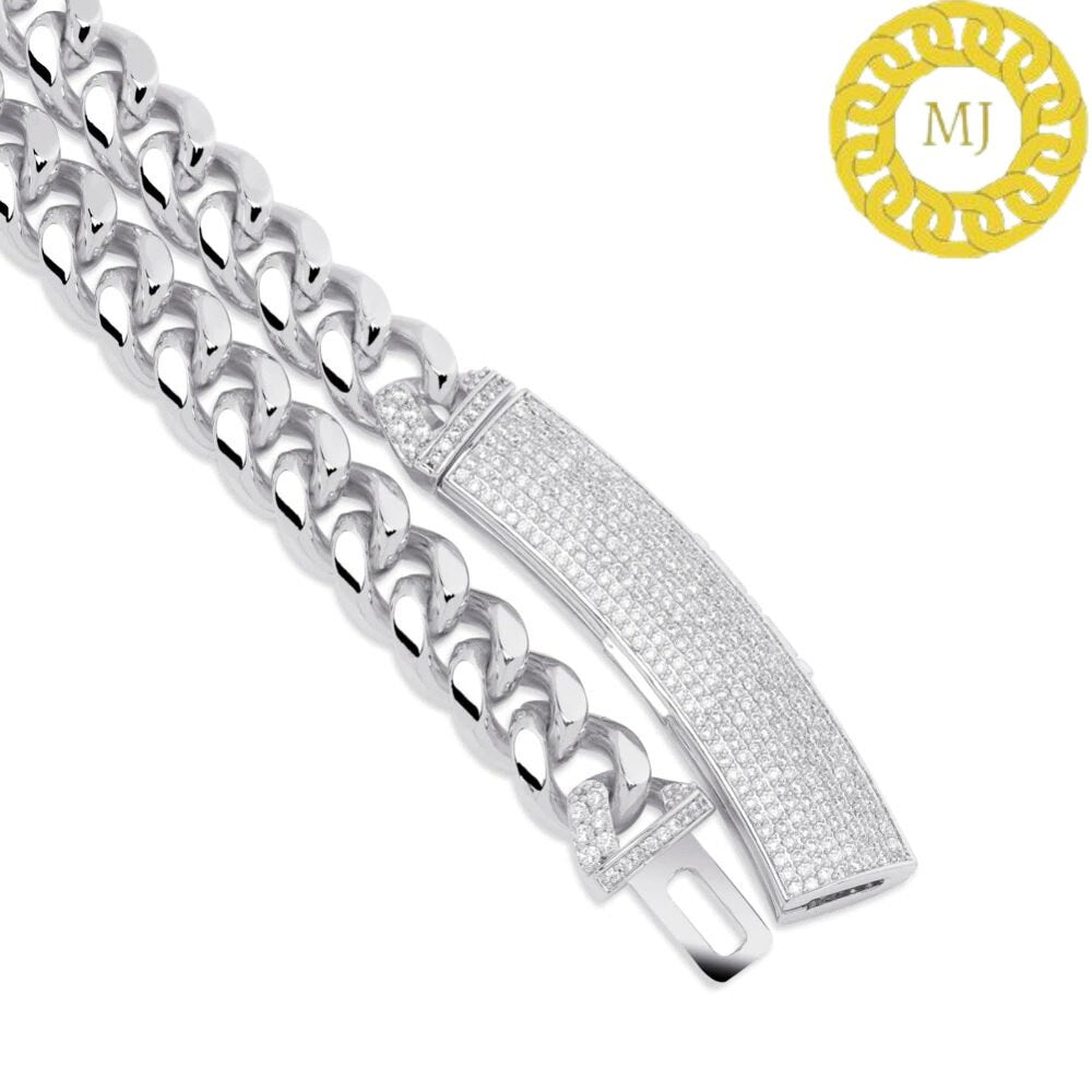 Heavy Solid 925 Sterling Silver Men's VVS1 Moissanite Diamonds Studded Cuban Chain,12mm Moissanite long buckle Cuban chain,Quality Box Clasp