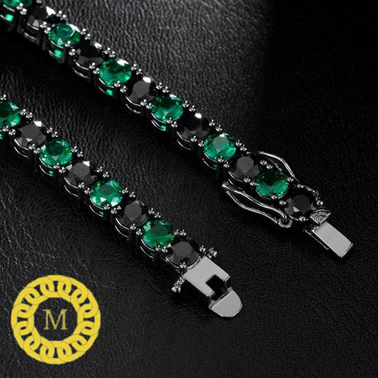 Black and white bracelet Women's Girl's SOLID 925 Sterling Silver Iced Out Tennis Bracelet Single Row Black Diamond & Green Emerald 6"-8.5"