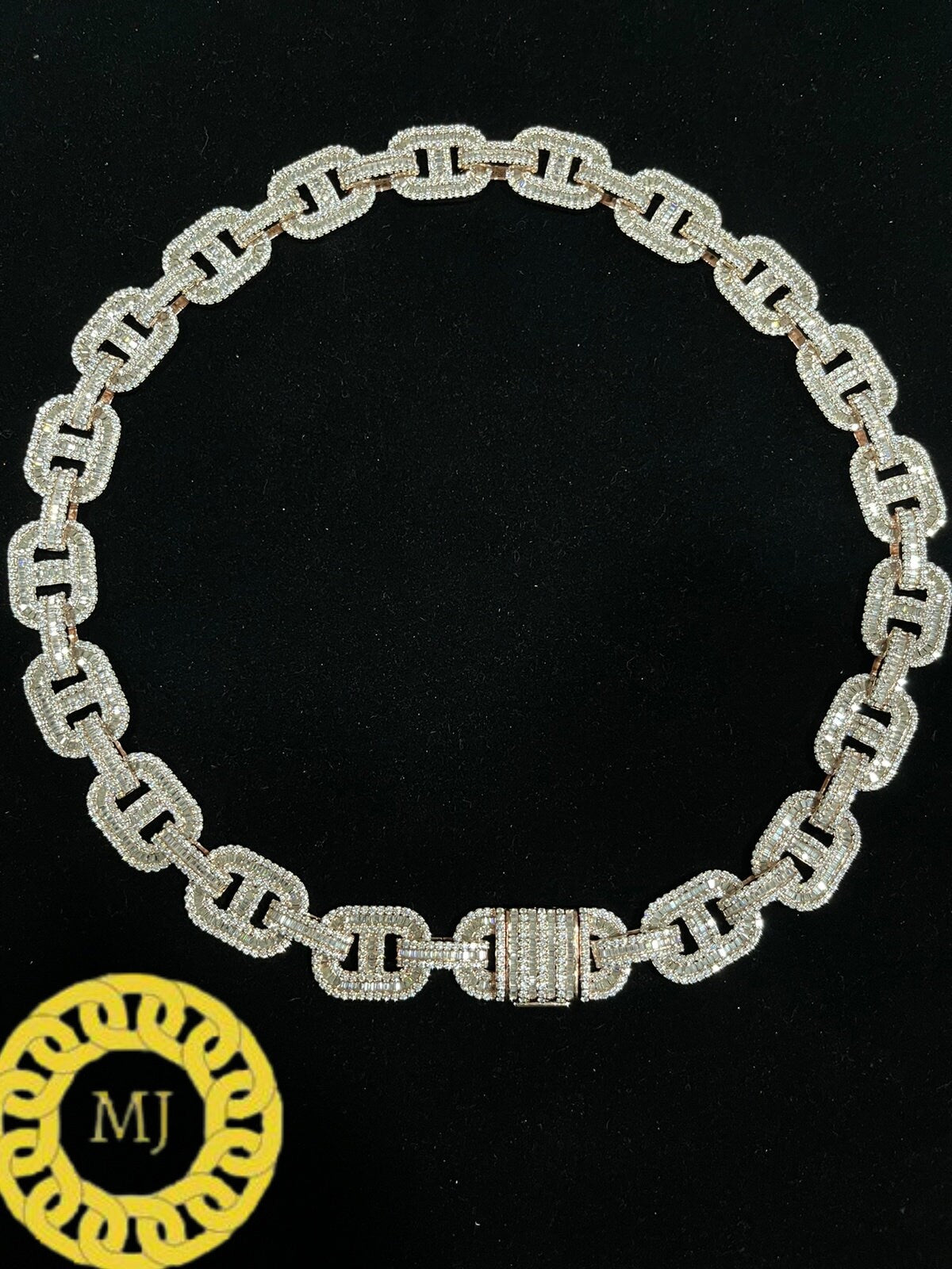 Heavy Solid 925 Sterling Silver VVS1 Baguette Moissanite Diamond Chain-16mm Ice True Baguette Stone mezo Link Chain 14k gold finish