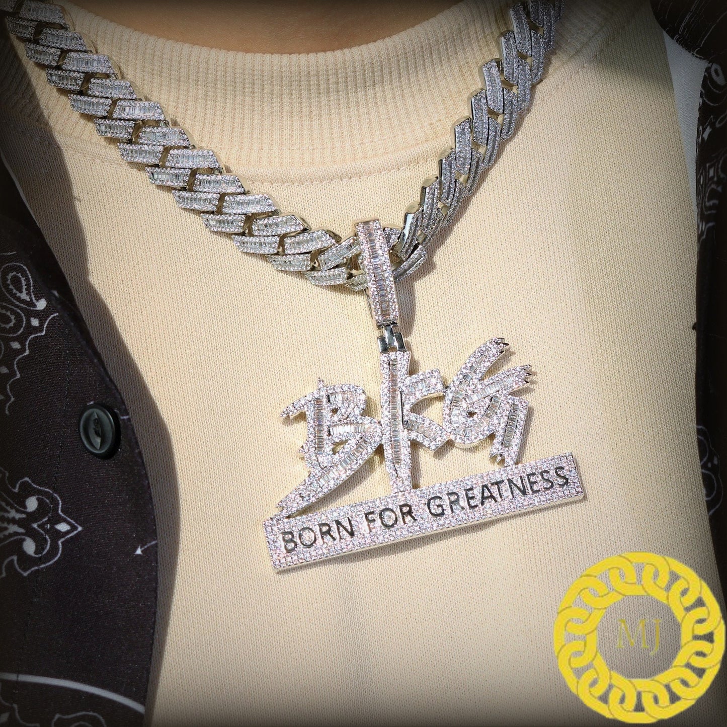 Silver Luxury Iced Out Baguette Born For Greatness Pendant , Hip Hop Jewelry, Gift For Him,Rapper Icy BFG Pendants ,Personalized Jewelry