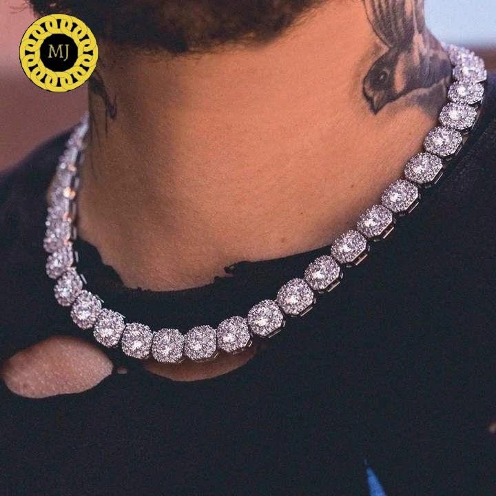 Clustered Diamond Tennis Chain VVS1 Moissanite Real 925 Silver Men's Prong Iced Gold 12 MM ,16-28 Inches Best Gift , Pass The Diamond Tester