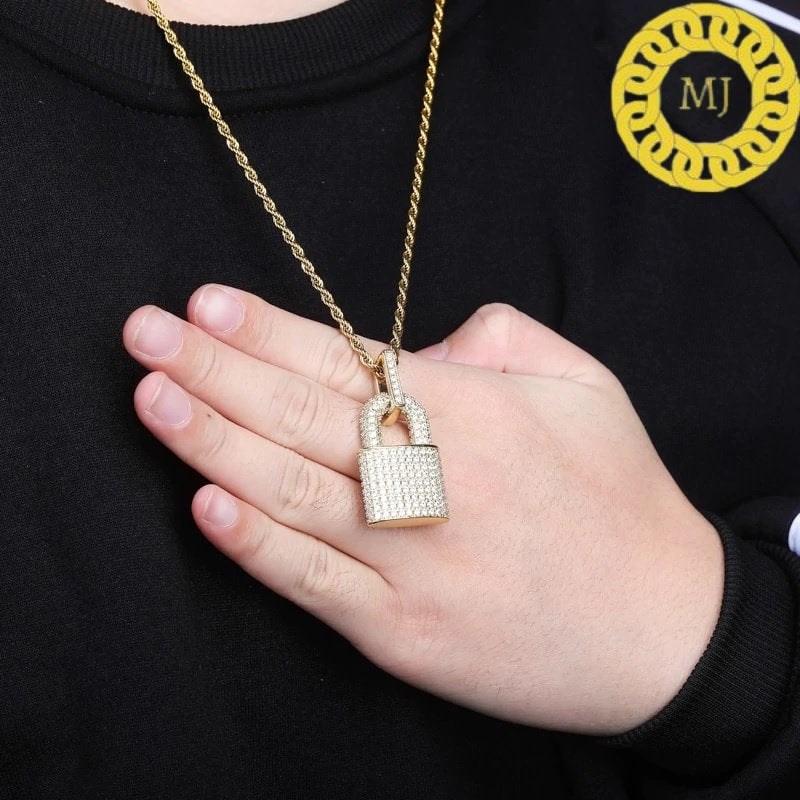 Padlock necklace, Silver Moissanite Lock Pendant Necklace 3mm Rope Chain Iced Out Bling Moissanite Charm Choker For Men Women Hip Hop