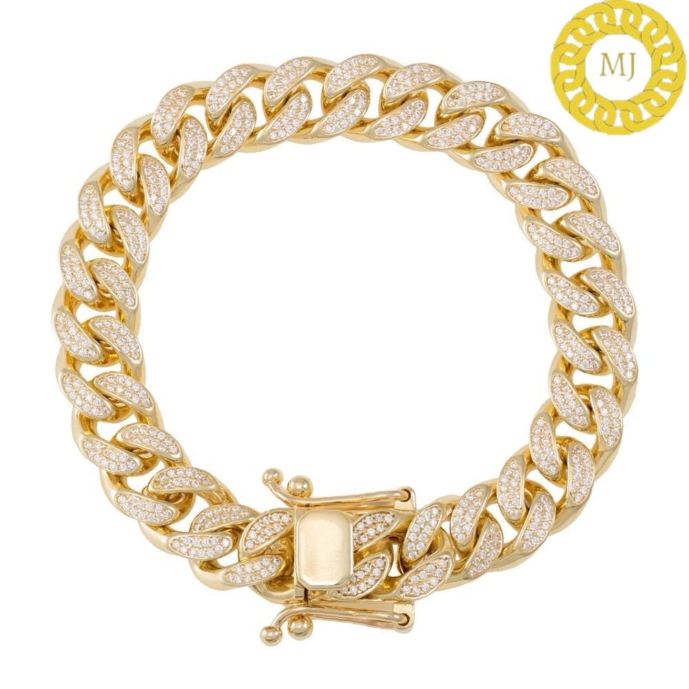 Heavy Solid 925 Sterling Silver | VVS1 Moissanite Diamonds Studded |Curb Bracelet-12 mm wide 6-9 Inch" | 18k Gold plated Iced Out Bracelet