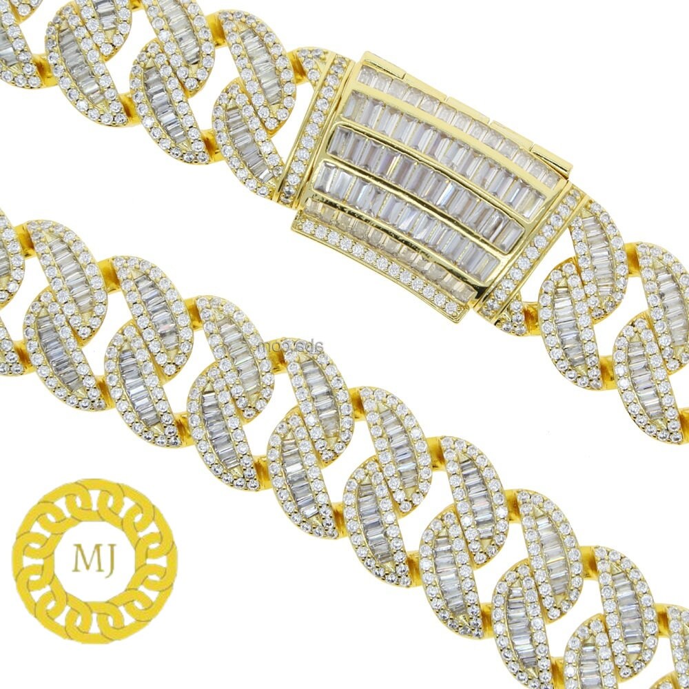 Heavy Solid 925 Sterling Silver Men's VVS1 Moissanite Baguette Studded Cuban Chain,Icedout Rapper chains,20mm wide, Quality Box Clasp