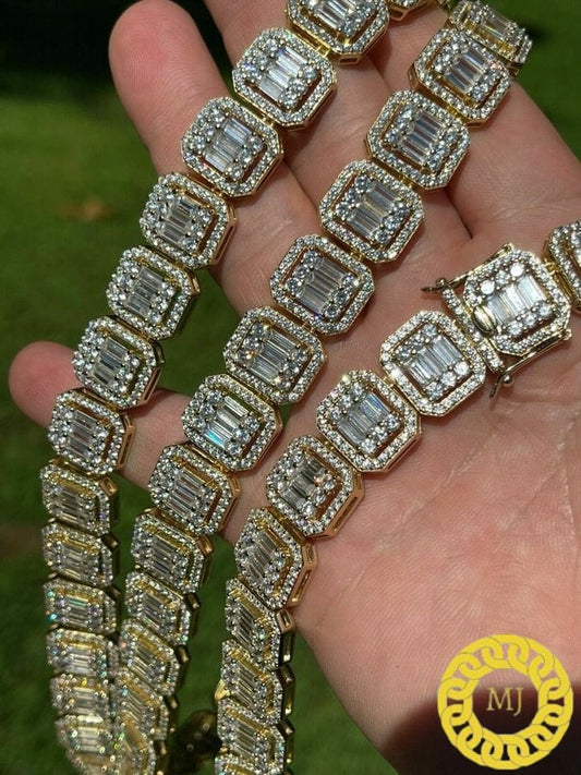 925 Silver Baguette Chain 12mm Men's Iced Diamond Necklace- Moissanite Necklace- Cool Rapper chain-Icy Necklace- Pass The Diamond Tester