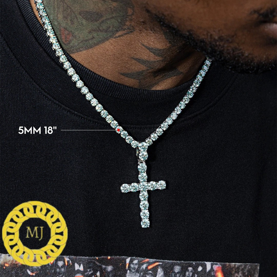 Men's Tennis Link Chain Necklace,Cross Necklace,925 Silver iced out Cross Necklace,Moissanite Diamond Cross Choker,ICY Necklace,Tennis Chain