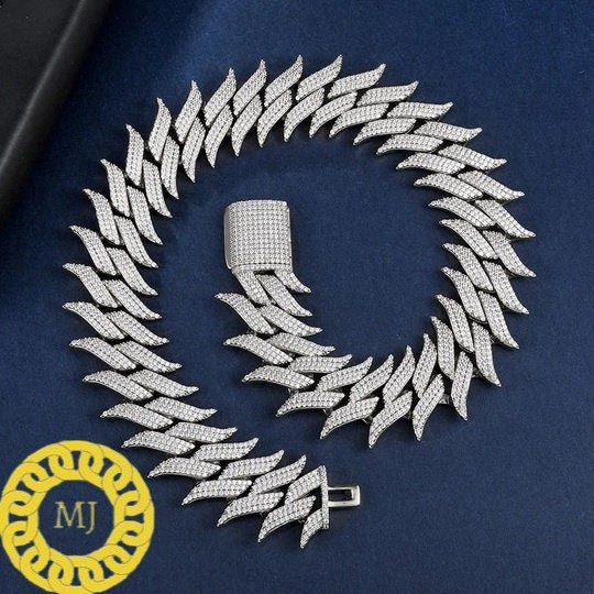 Heavy Solid 925 Sterling Silver Men's VVS1 Moissanite Diamonds Studded spiked Cuban Chain,Icedout Rapper chains,30mm wide, Quality Box Clasp