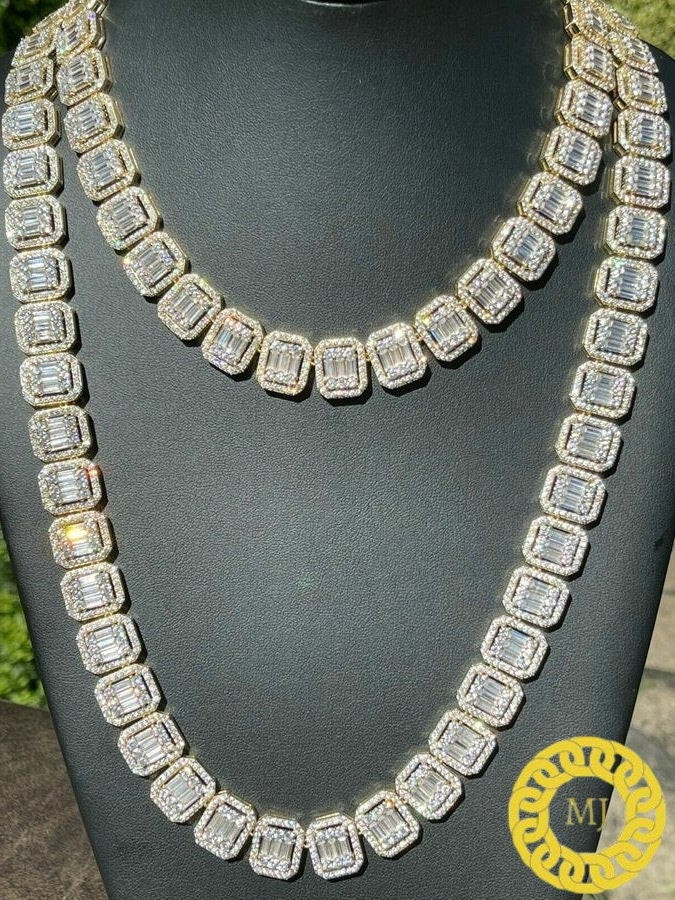 925 Silver Baguette Chain 12mm Men's Iced Diamond Necklace- Moissanite Necklace- Cool Rapper chain-Icy Necklace- Pass The Diamond Tester