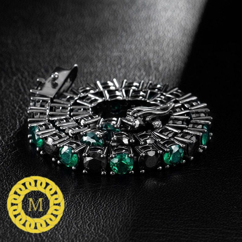 Black and white bracelet Women's Girl's SOLID 925 Sterling Silver Iced Out Tennis Bracelet Single Row Black Diamond & Green Emerald 6"-8.5"