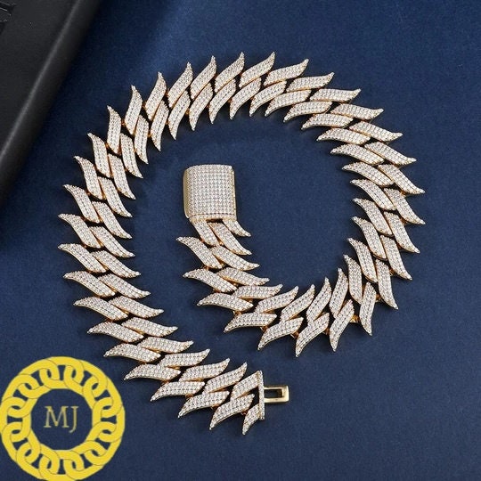 Heavy Solid 925 Sterling Silver Men's VVS1 Moissanite Diamonds Studded spiked Cuban Chain,Icedout Rapper chains,30mm wide, Quality Box Clasp