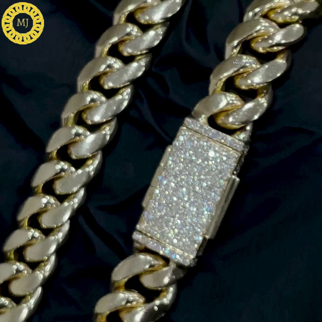 10 mm Miami Cuban Link Chain Heavy Solid 925 Sterling Silver 14K Gold Plated Curb Chain For Men And Women Hip Hop Chain, Icedout clasp lock
