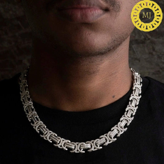 14MM Large Flat Byzantine Chain VVS1 Moissanite With 14k White Gold Finished In Sterling Silver 925 , 16 - 28'' ,Pass The Diamond Tester