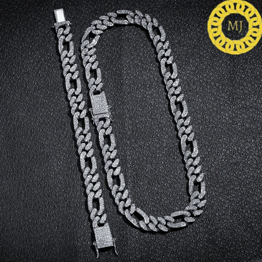 13MM VVS1 Moissanite Diamond Miami Cuban Figaro Chain With 14k White Gold Finished In Sterling Silver 925,16"-28'' ,Pass The Diamond Tester