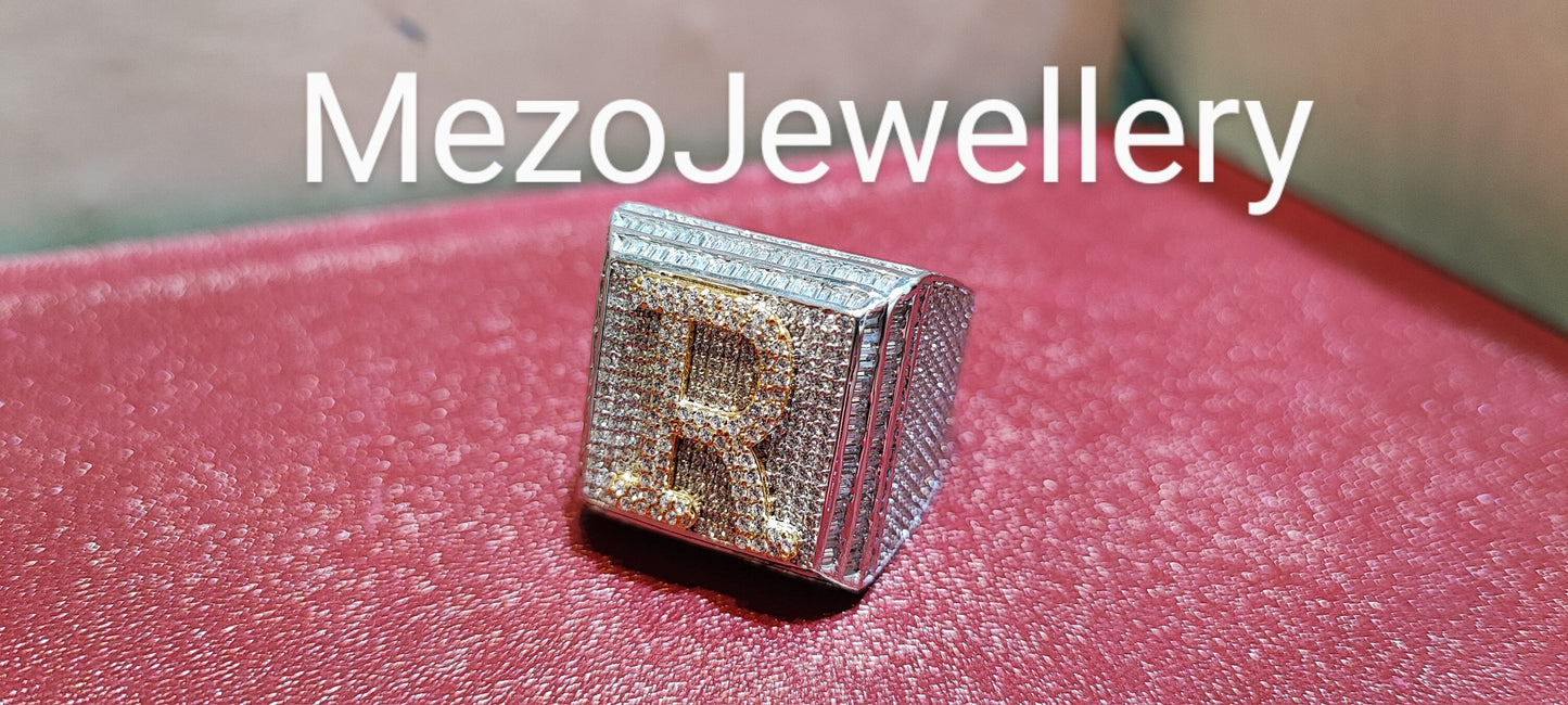 Iced "R" Letter Ring, Moissanite diamond Championship Ring, Custom Logo Ring, Custom Alphabet Letter Ring, Hip Hop Ring, big 925 Silver ring
