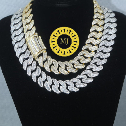 Heavy Solid 925 Sterling Silver Men's VVS1 Moissanite Baguette Studded Cuban Chain,Icedout Rapper chains,20mm wide, Quality Box Clasp