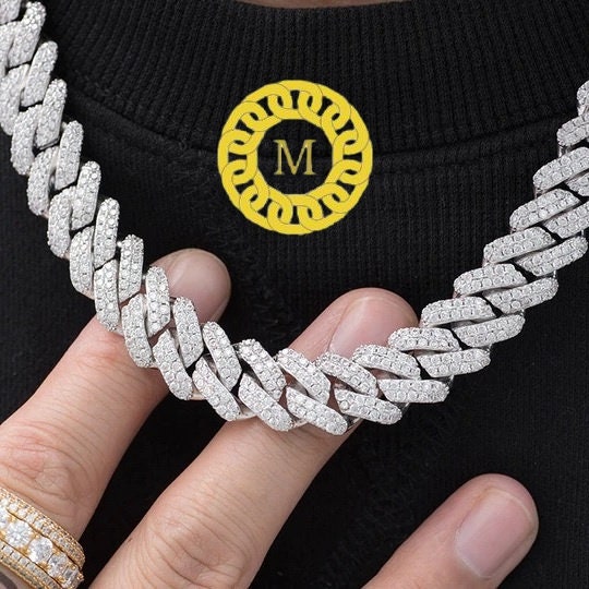 12MM VVS1 Moissanite Diamond Miami Cuban Chain With 14k White Gold Finished In Sterling Silver 925 , 16 - 26'' ,Pass The Diamond Tester