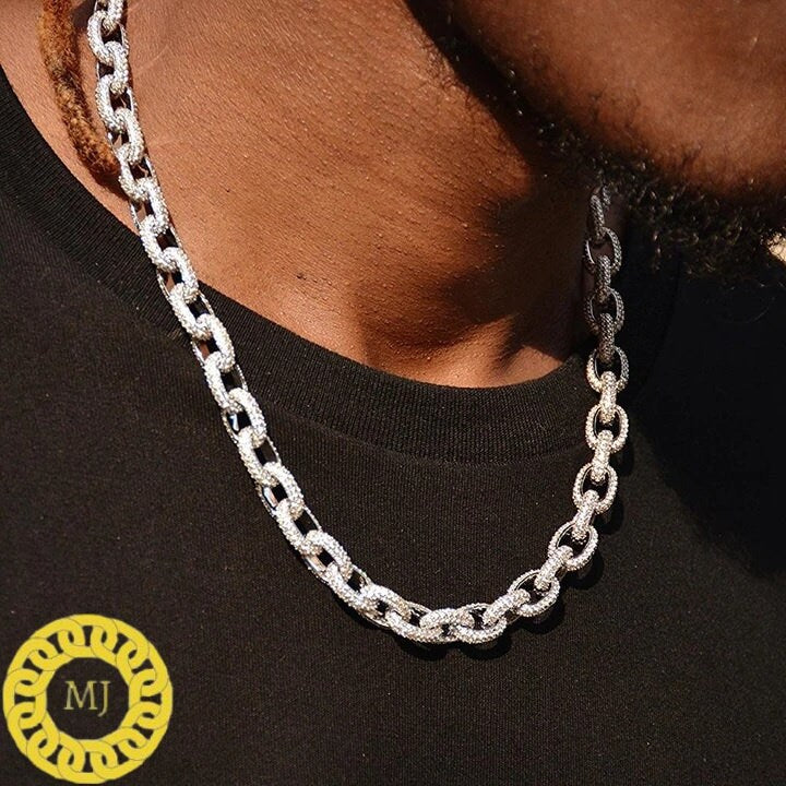 12MM Rolo Cuban Chain | 14K Yellow Gold Finished in 925 Solid Silver | VS1 Quality Moissanite | 16-28 Inches, pass diamond Tester ,Icy chain