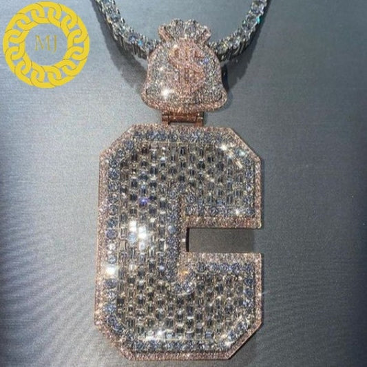 Moissanite Baguette Font Hip Hop Custom Name Necklace,Iced Out Pendant,Initial C  Letter Personalized Pendant,Icy Necklace Gift for Her,