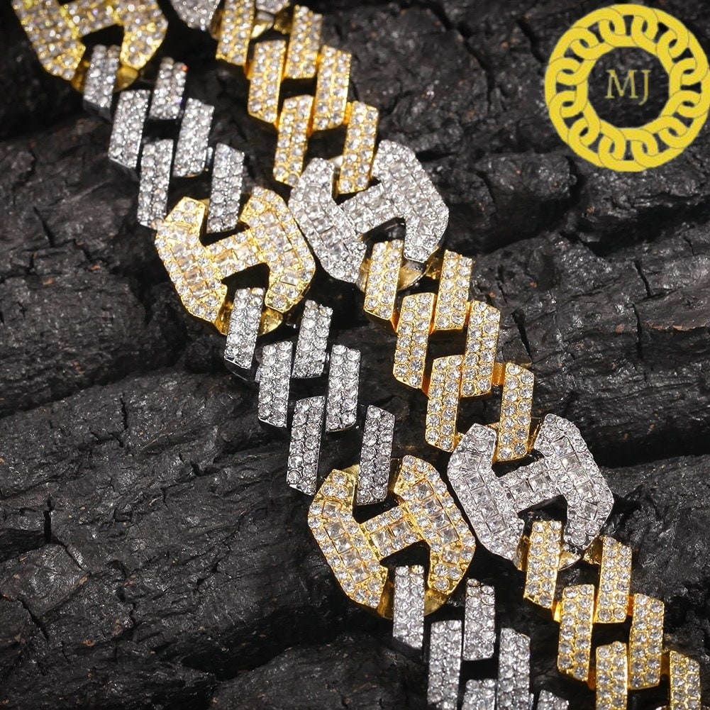 17MM VVS1 Moissanite Diamond Miami Cuban Figaro Chain in Sterling Silver 925, Iced out Two tone 3:1 Figaro Necklace,Pass The Diamond Tester