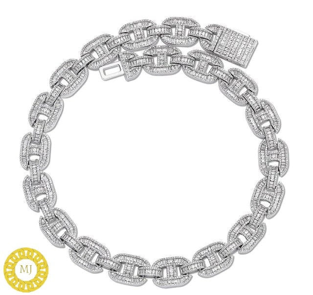 Heavy Solid 925 Sterling Silver Men's VVS1 Baguette Moissanite Diamonds Chain-15mm Flooded Ice True Baguette Stone Baguette Link Chain