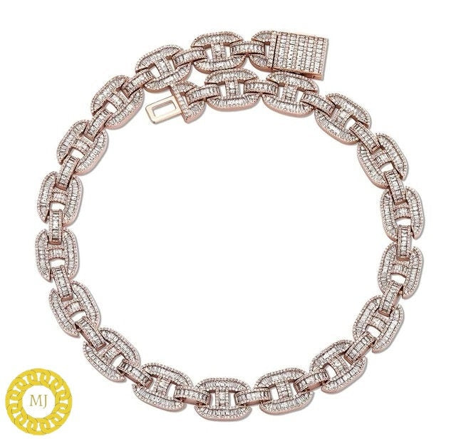 Heavy Solid 925 Sterling Silver Men's VVS1 Baguette Moissanite Diamonds Chain-15mm Flooded Ice True Baguette Stone Baguette Link Chain