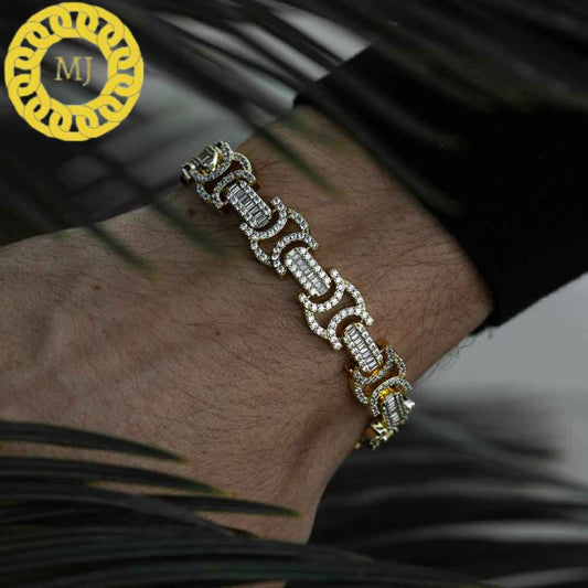 Heavy Solid 925 Sterling Silver | VVS1 Moissanite Diamonds Studded 15 mm flat Byzantine Bracelet | 18k Gold plated Iced Out Bracelet