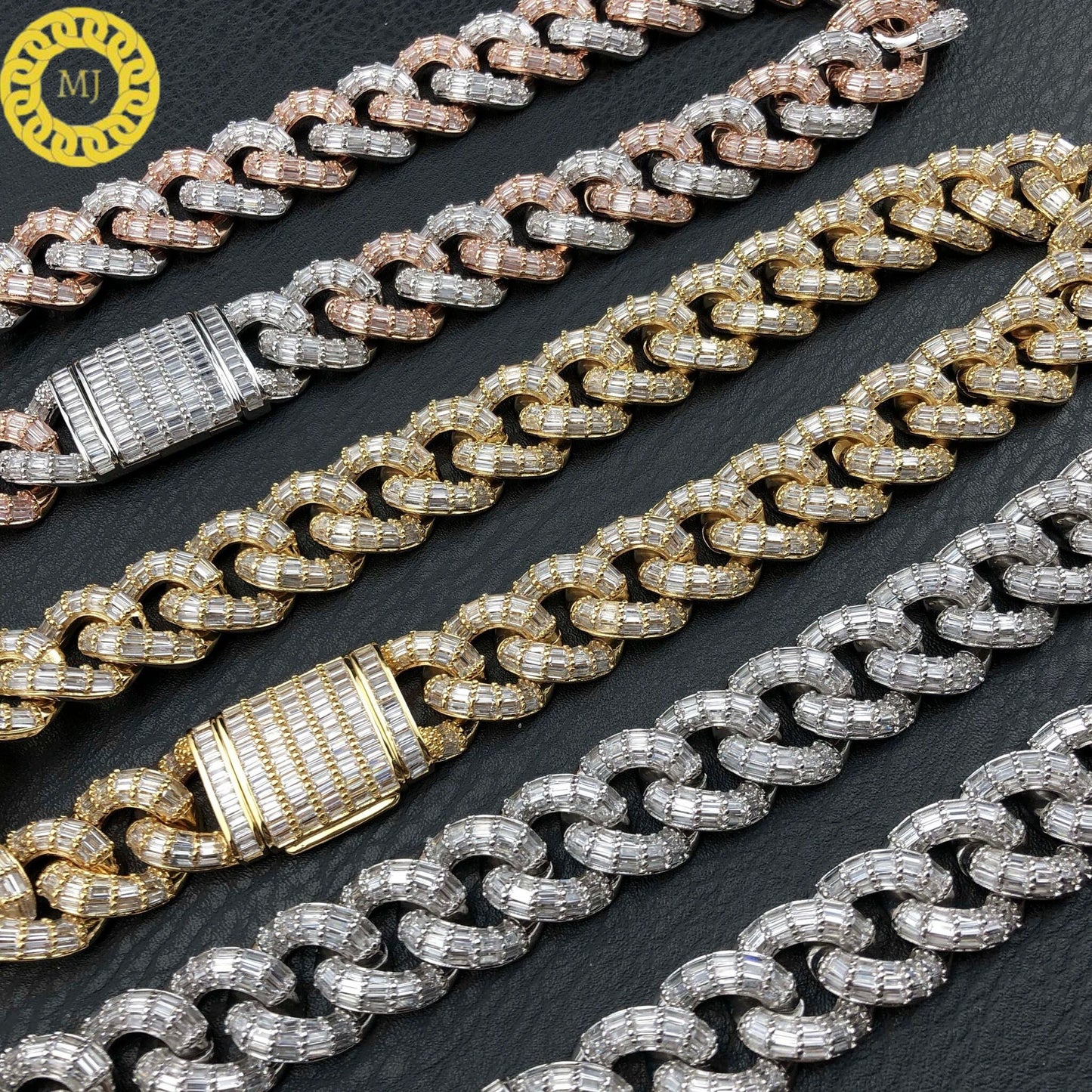 Heavy Solid 925 Sterling Silver Men's VVS1Baguette Moissanite Diamonds Chain-3 Row Baguette Ice Crazy Hip Hop 19MM Cuban Link Chain Necklace