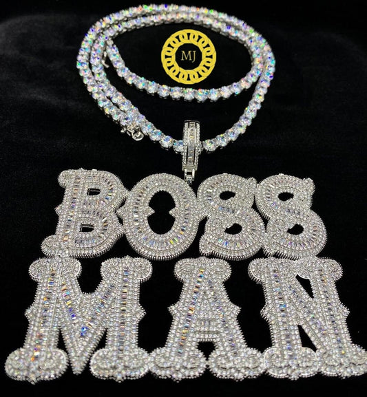 14K Gold Finish Boss Man Hip Hop Pendant, CUSTOMIZED Moissanite Baguette Letters Pendant,Custom Iced Out icy Baguette  ,Passing any Tester