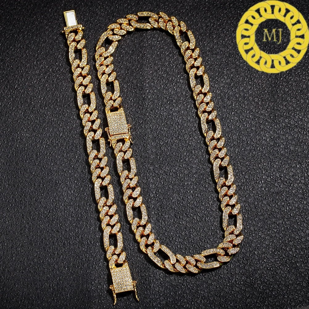 13MM VVS1 Moissanite Diamond Miami Cuban Figaro Chain With 14k White Gold Finished In Sterling Silver 925,16"-28'' ,Pass The Diamond Tester