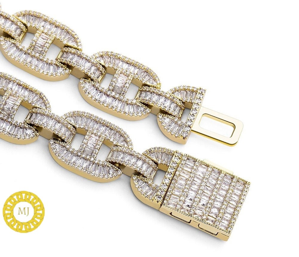 Heavy Solid 925 Sterling Silver Men's VVS1 Baguette Moissanite Diamonds Chain-15mm Flooded Ice True Baguette Stone Baguette Link Chain