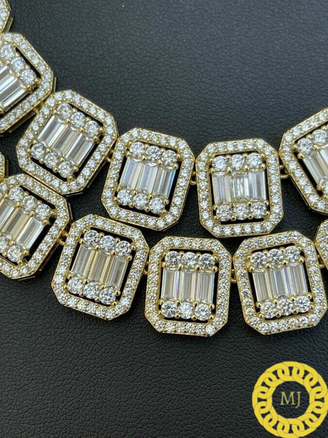 925 Silver Baguette Chain 12mm Men's Iced Diamond Necklace- Moissanite Necklace- Cool Rapper chain-Icy Necklace- Pass The Diamond Tester