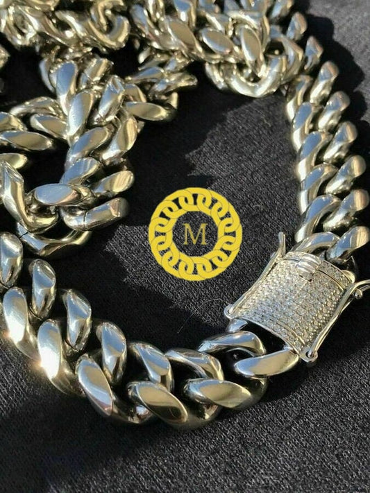 Heavy Solid 925 Sterling Silver Men's Miami Cuban curb Chain Necklace Anti-Tarnish, 14mm wide 18"-26" Inch Hop with Moissanite Diamond Clasp