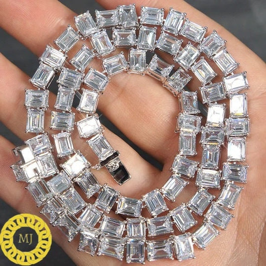 Iced Out Emerald cut Moissanite Tennis chain , Men/women tennis Necklace Bling Hip hop, 925 Solid Silver Tennis Necklace, Gift for him her