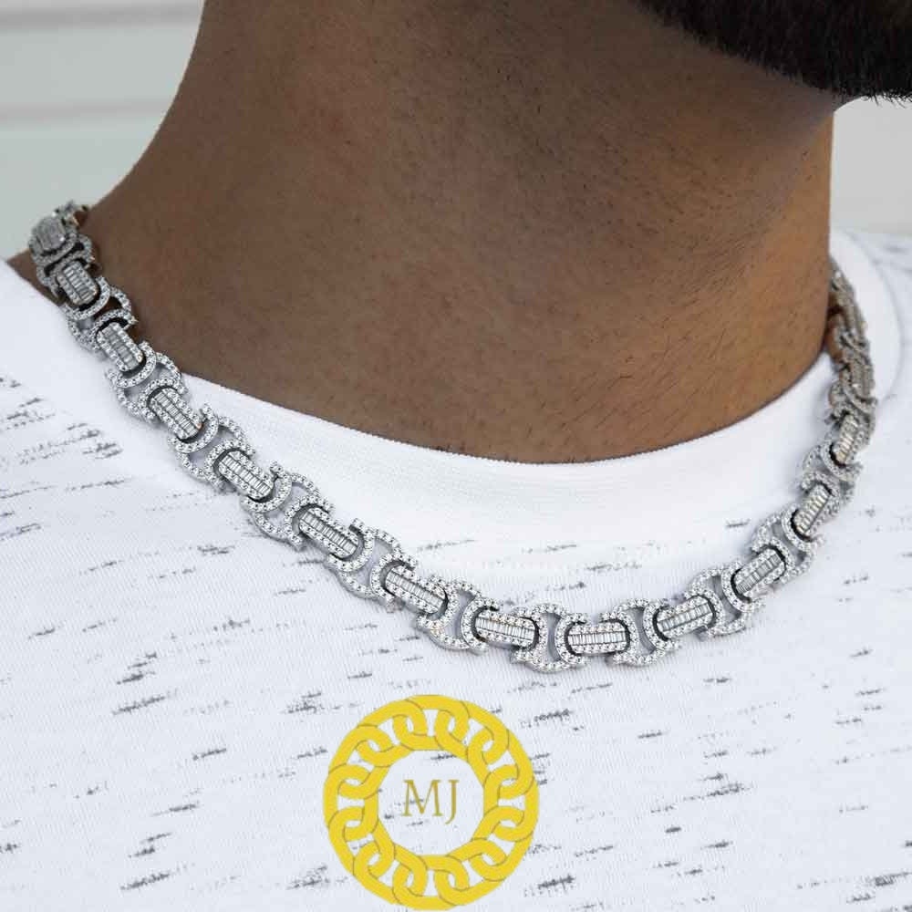 10 MM Flat Byzantine Chain VVS1 Moissanite Diamond In Sterling Silver 925 , 16 - 28'' ,Baguettes diamond Bling chain,Pass The Diamond Tester