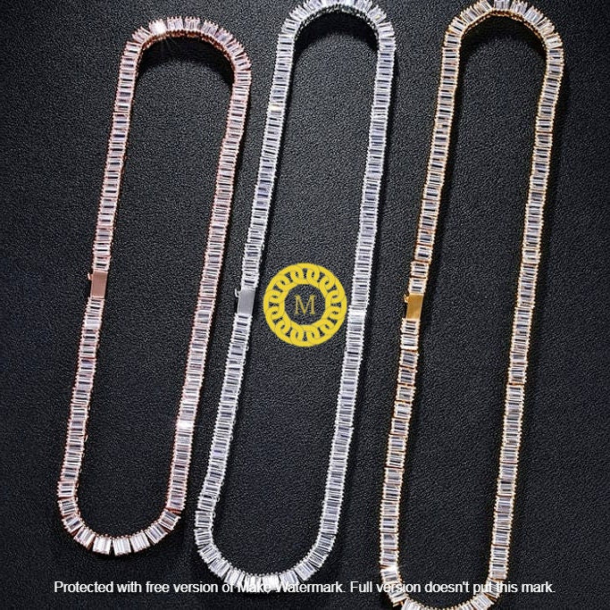 Men's Women's Solid 925 Sterling Silver Iced Out Baguette VVS1 D Moissanite ,Tennis Cluster Chain 18" 20" 22" 24" ,Pass The Diamond Tester
