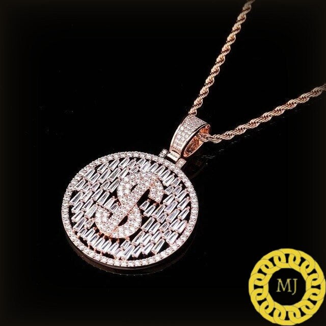 Men's Solid 925 Sterling Silver Iced Out Dollar Sign Money Pendant Baguette Diamond* Hip Hop Rapper Chain Necklace 16" - 30" Rope chain 4 mm