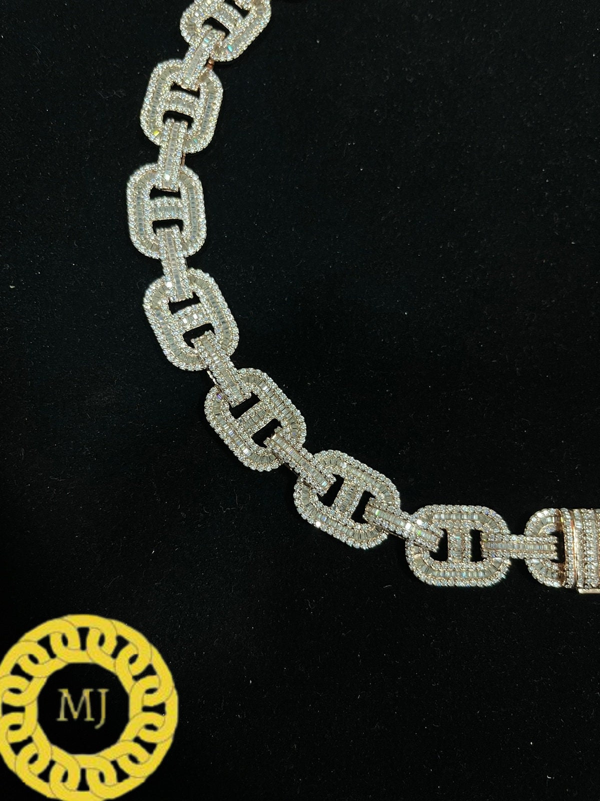 Heavy Solid 925 Sterling Silver VVS1 Baguette Moissanite Diamond Chain-16mm Ice True Baguette Stone mezo Link Chain 14k gold finish