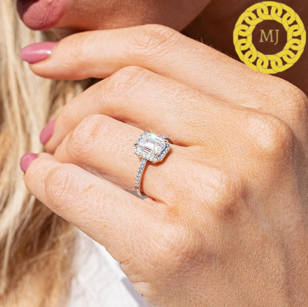 2.2 Ct Halo Emerald Cut Moissanite Ring, VVS1 D colour GRA certified Moissanite ,Emerald Cut Engagement Ring, Emerald Cut Solitaire