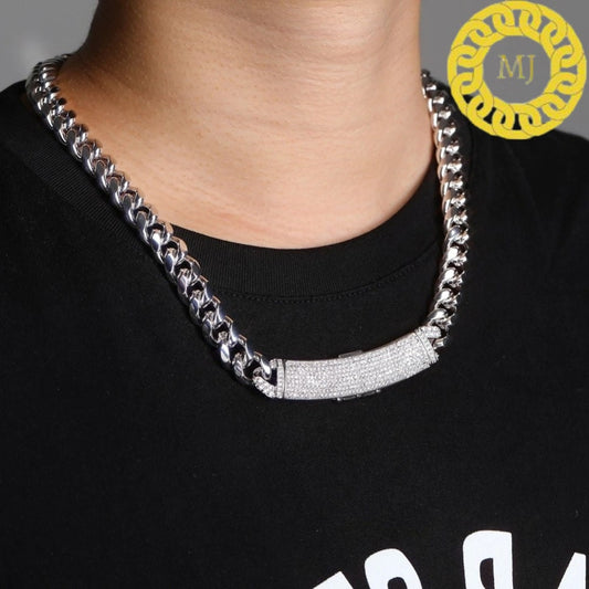 Heavy Solid 925 Sterling Silver Men's VVS1 Moissanite Diamonds Studded Cuban Chain,12mm Moissanite long buckle Cuban chain,Quality Box Clasp