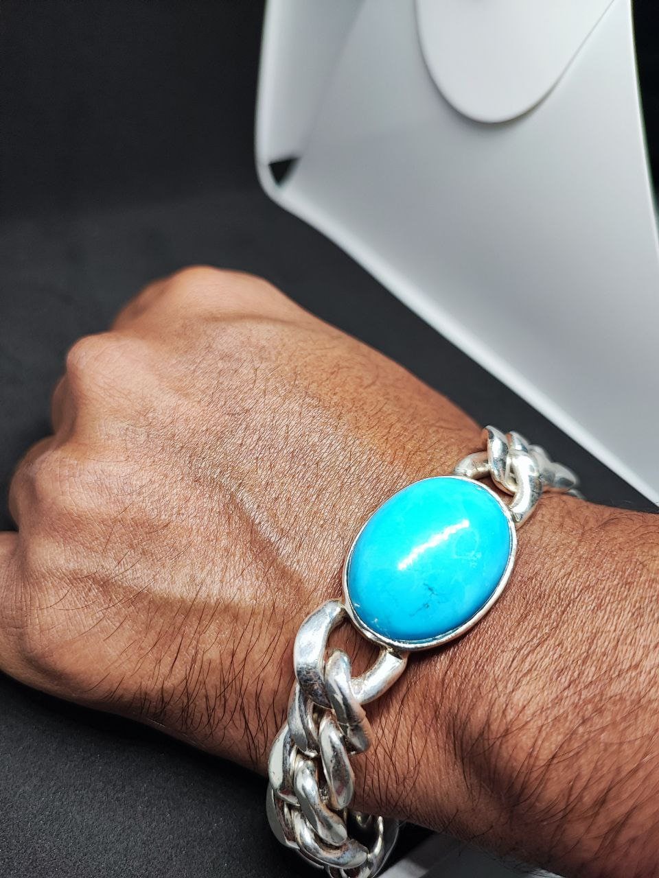 turquoise Cuban Chain Bracelet, 925 Sterling Silver Cabochon Men's Jewelry December Birthstone,heavy Cuban silver Bracelet,Gifts for him