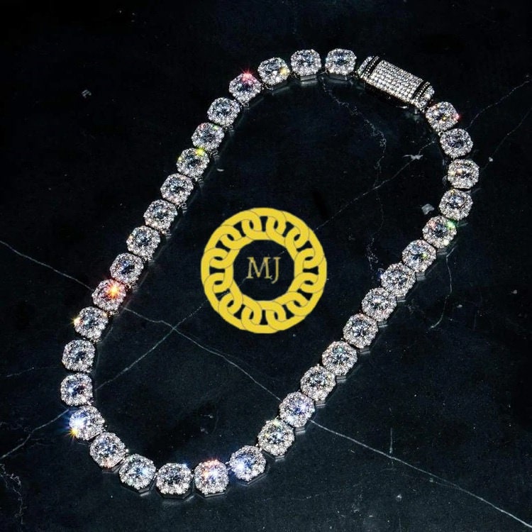 Clustered Diamond Tennis Chain VVS1 Moissanite Real 925 Silver Men's Prong Iced Gold 12 MM ,16-28 Inches Best Gift , Pass The Diamond Tester