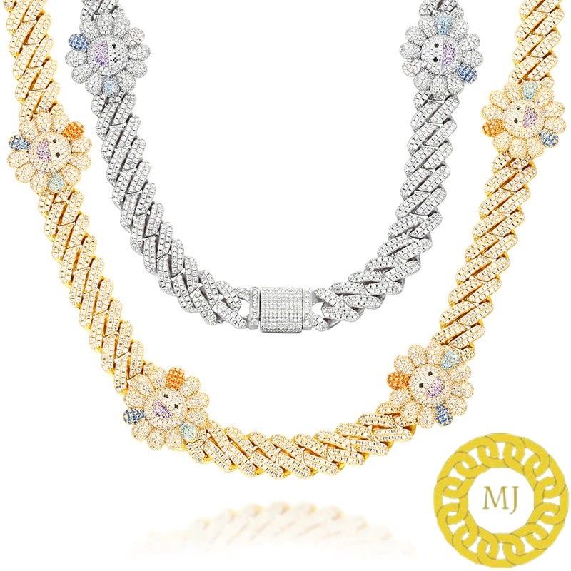 14MM VVS1 SUNFLOWER Moissanite Diamond Miami Cuban Chain With 14k White Gold Finished In Sterling Silver 925 ,Pass The Diamond Tester