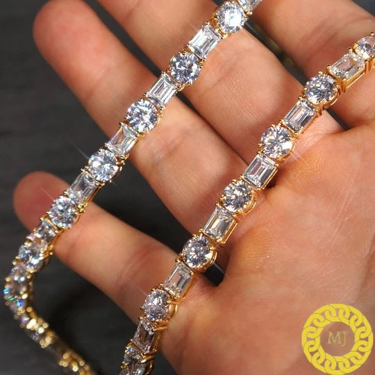 Men's Women's Solid 925 Sterling Silver VVS1 D Moissanite Emerald & round cut Tennis chain , Rapper Tennis necklace ,Pass The Diamond Tester