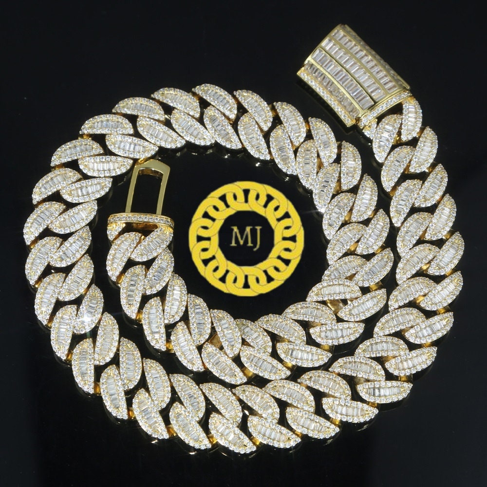 Heavy Solid 925 Sterling Silver Men's VVS1 Moissanite Baguette Studded Cuban Chain,Icedout Rapper chains,20mm wide, Quality Box Clasp