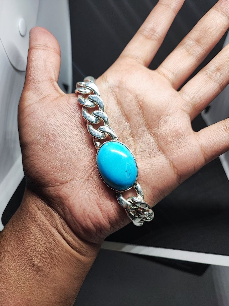 turquoise Cuban Chain Bracelet, 925 Sterling Silver Cabochon Men's Jewelry December Birthstone,heavy Cuban silver Bracelet,Gifts for him